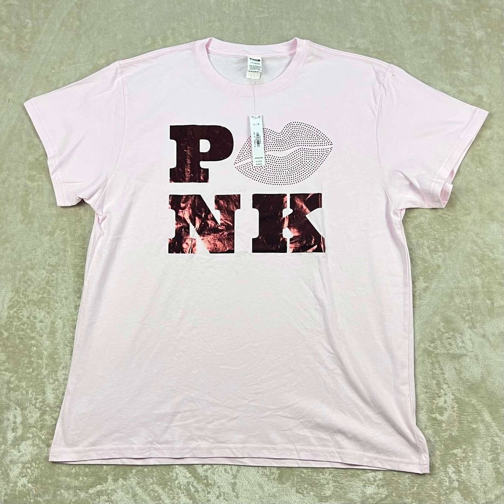 Victoria's Secret PINK Graphic T-Shirt Light Pink Foil Rhinestone Lips Large
